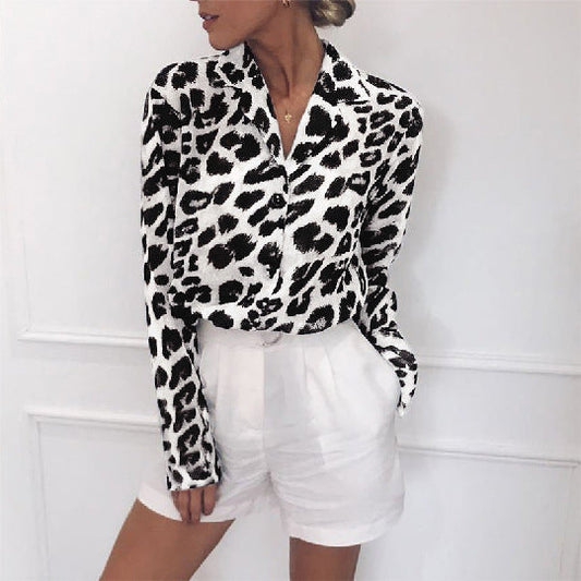Kassie - Classy long-sleeved leopard print blouse Turn Down Collar