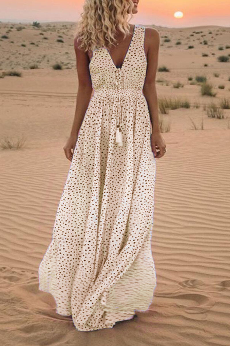 Sariah - V-neck patchwork polka dot bohemian trapeze dresses