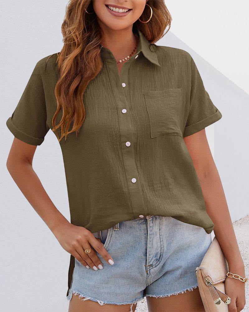 Lena - Plain blouse with button closure and short sleeves