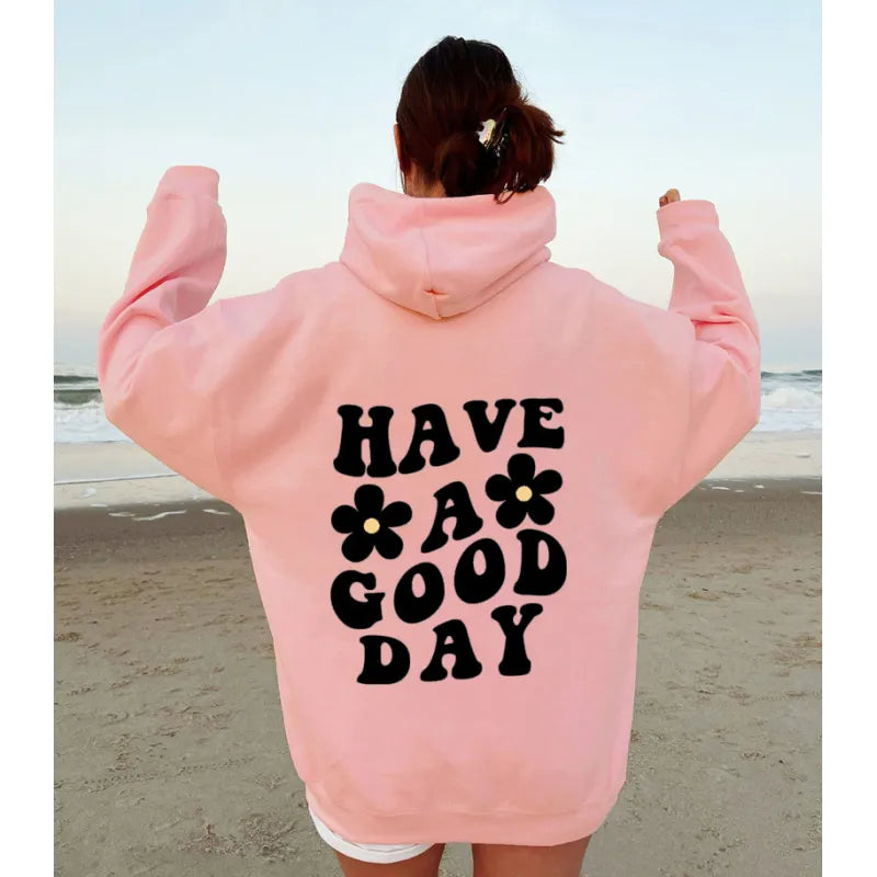 Emma | Casual oversized hoodie with "Have A Good Day" print and bag perfect for fall/winter