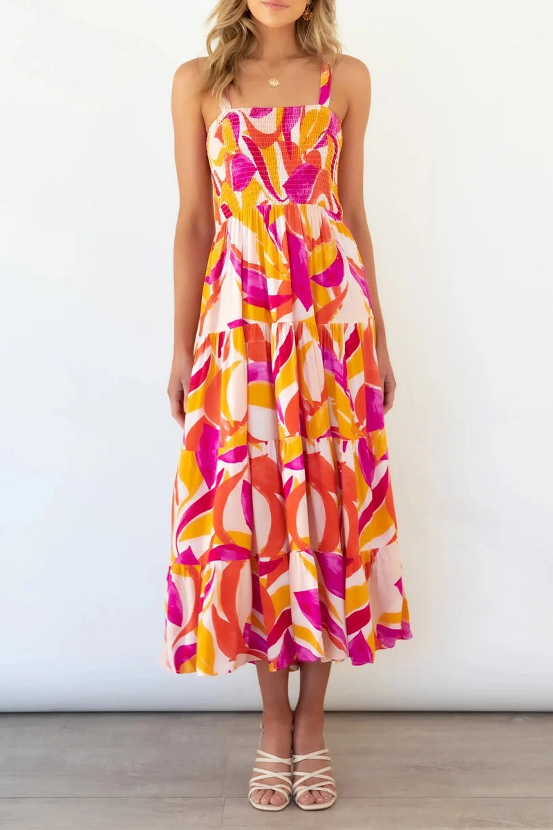 Rhea - Printed dresses with thin straps and urban fashion patches.