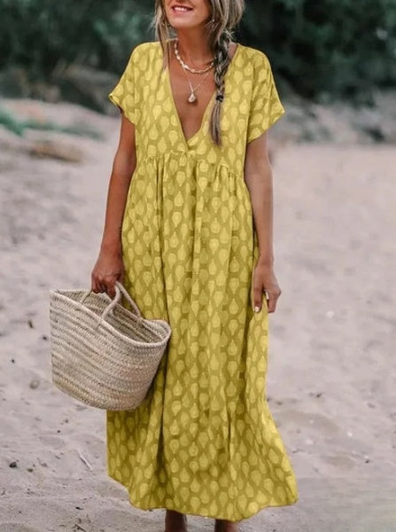 Alayna - Casual dress in printed fabric with V-neckline and long sleeves