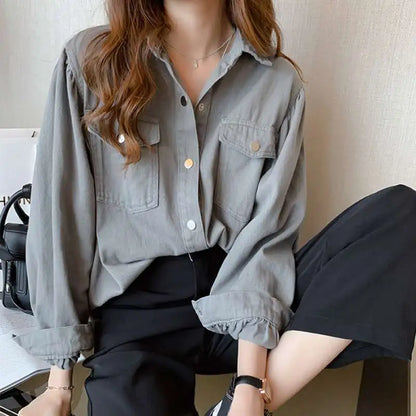 Freya | Chic Women’s Long-Sleeve Solid Blouse with Pockets