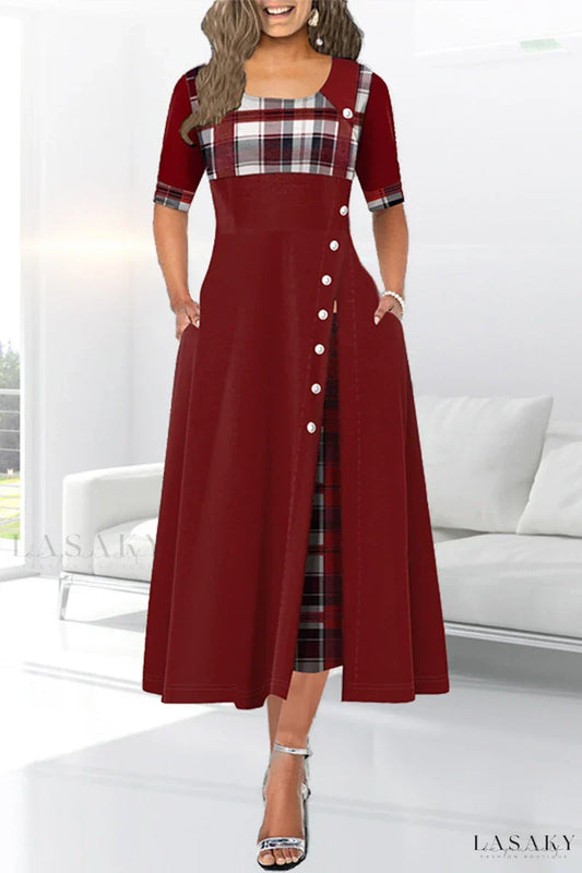 Jivette - Maroon patchwork dress with waist neckline