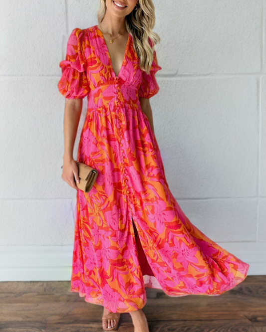 Colleen - Elegant dress with bouffant sleeves and deep V-print.