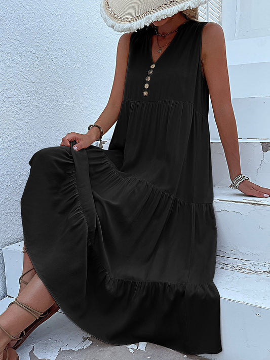 Amoura - Plain, loose-fitting midi summer dress with buttons for women