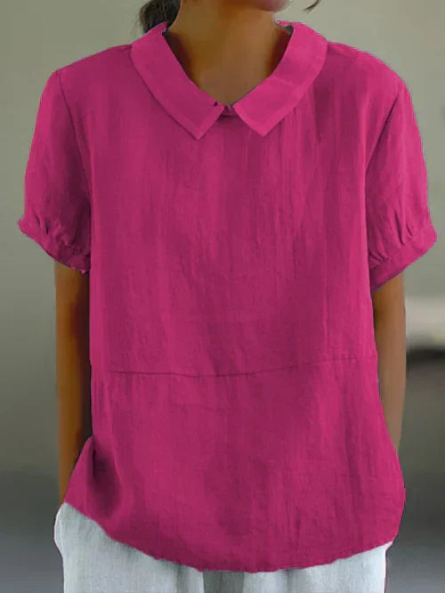 Airy women's linen blouse short sleeve with puff collar