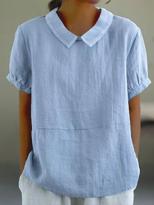 Airy women's linen blouse short sleeve with puff collar