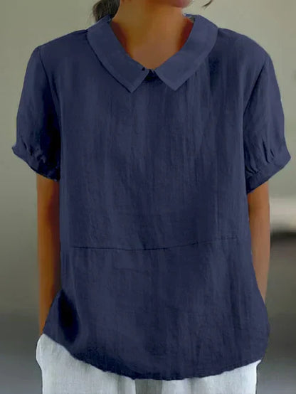 Airy women's linen blouse short sleeve with puff collar