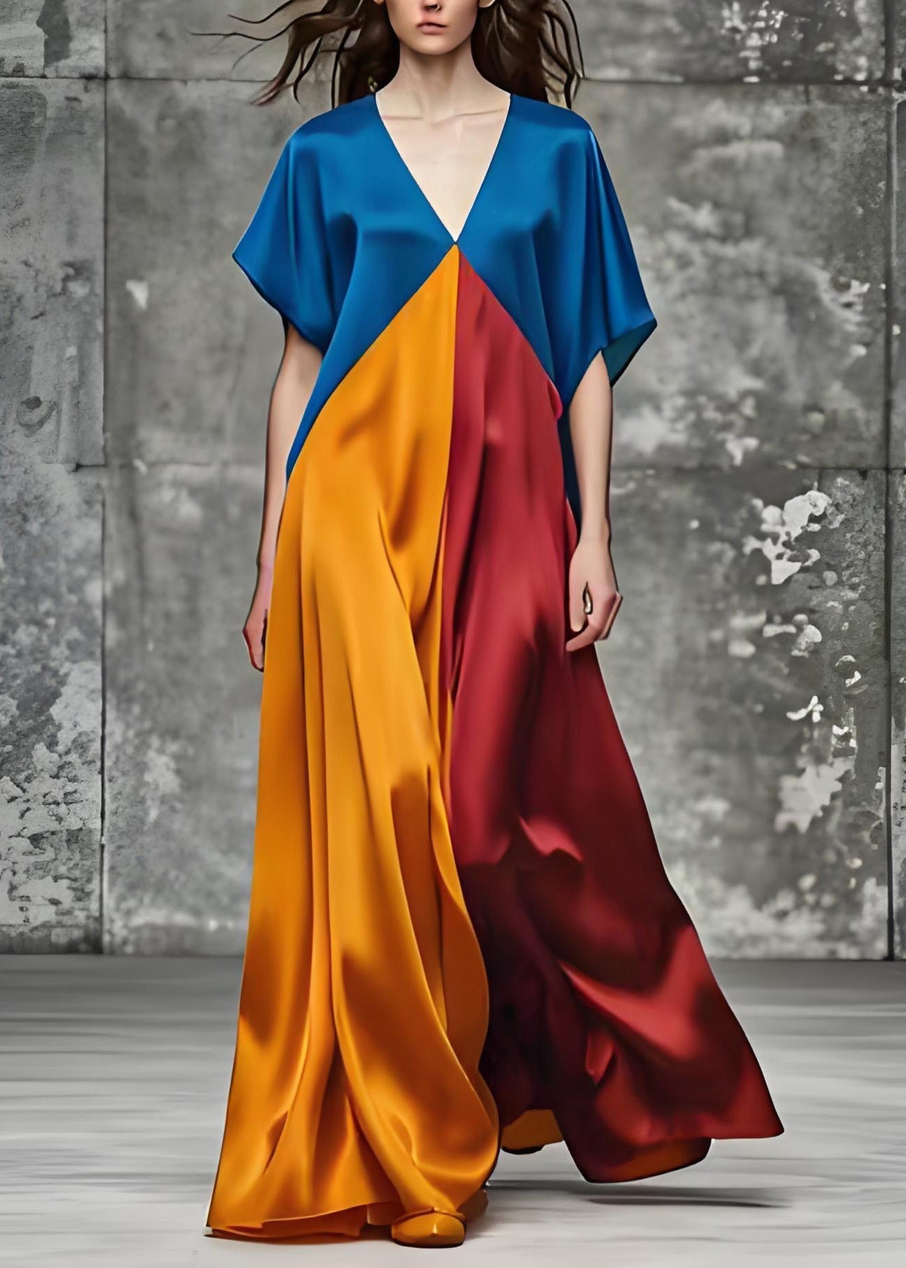 Claiza - Colorful long silk dress with loose v-neckline