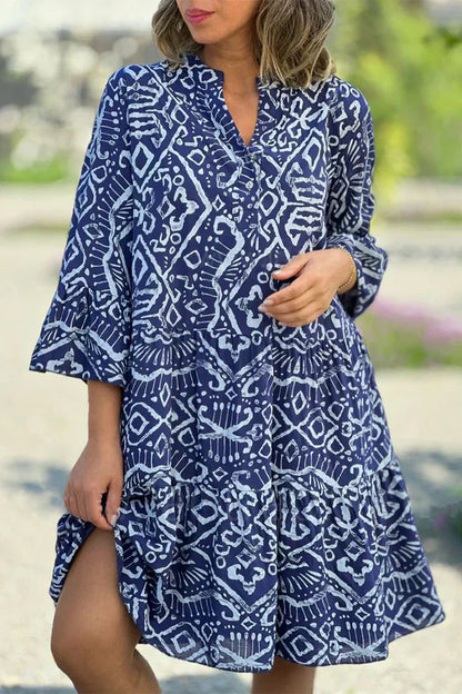 Ea | Casual dress with geometric print and buttons, V-neck, tartan skirt