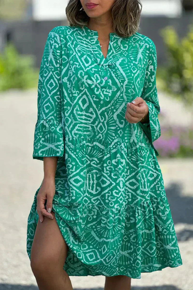 Ea | Casual dress with geometric print and buttons, V-neck, tartan skirt