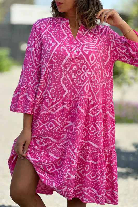 Ea | Casual dress with geometric print and buttons, V-neck, tartan skirt