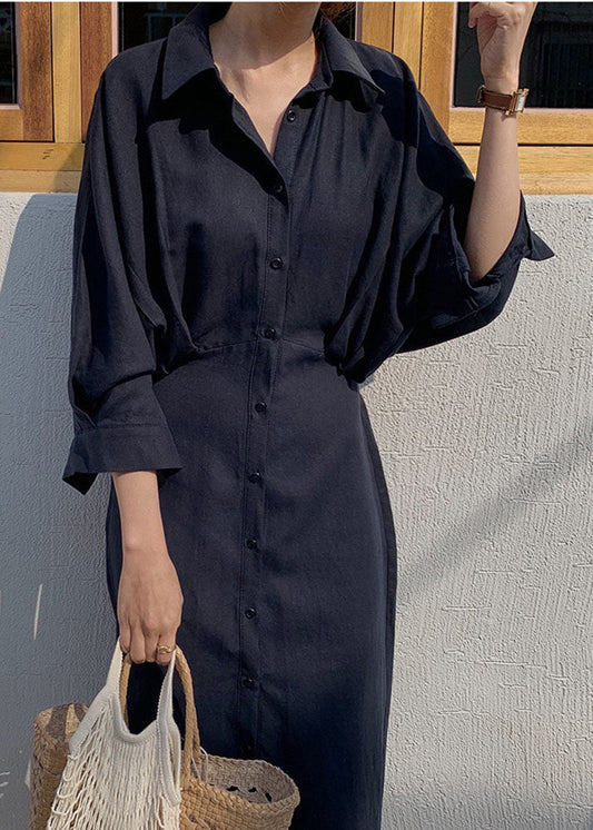 Belize - Loose black shirt dresses with collar and cotton waistband Spring