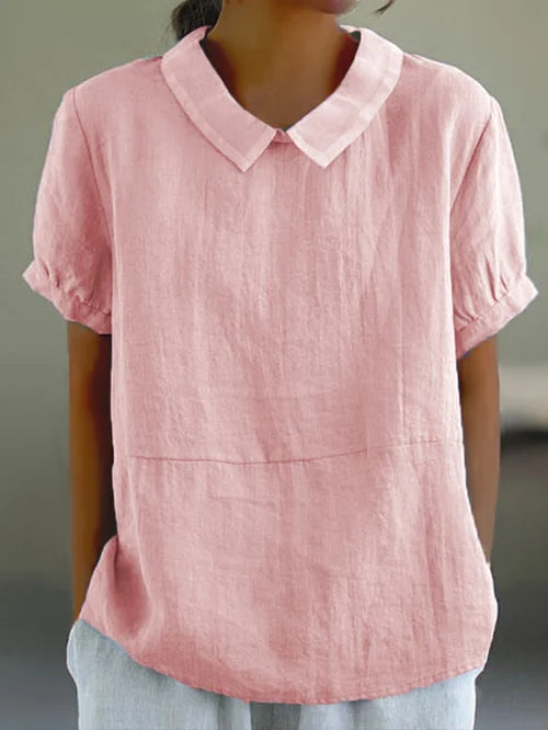 Airy women's linen blouse short sleeve with puff collar