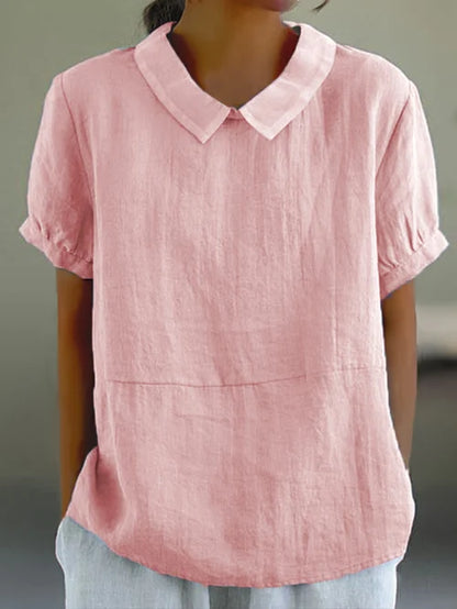 Airy women's linen blouse short sleeve with puff collar