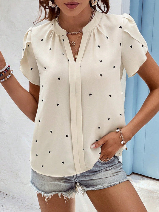 Brigitte | Charming Blouse with Heart Print and V Neckline