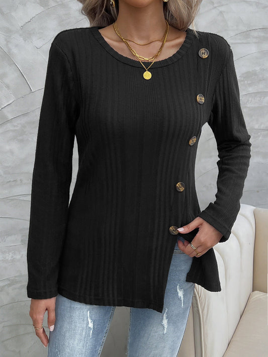 Black knit top with diagonal button closure for women