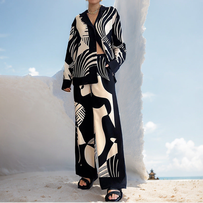 Elegant printed-set-with-long-sleeves-and-fashionable-pants