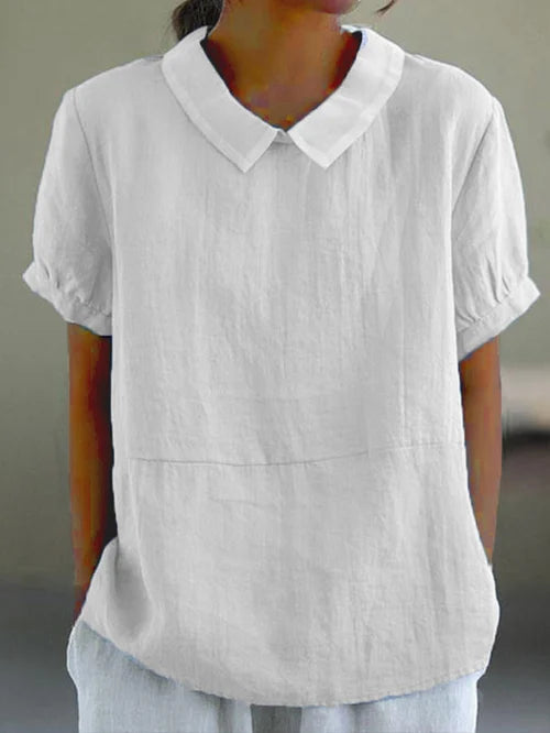 Airy women's linen blouse short sleeve with puff collar