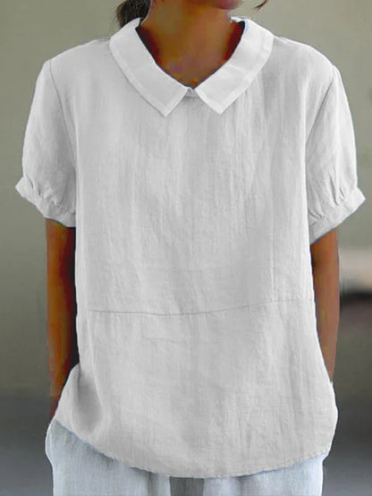 Airy women's linen blouse short sleeve with puff collar