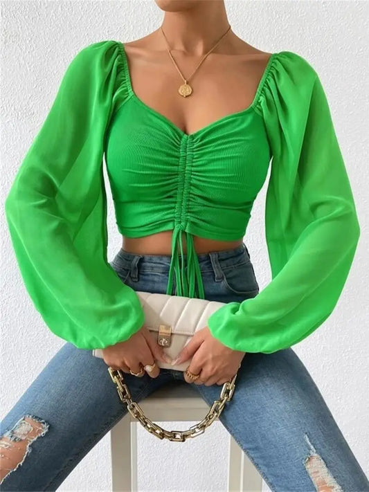 Ruth | Elegant Gathered Long Sleeve Crop Top for Spring