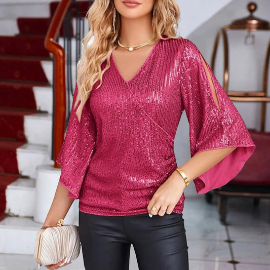 Larissa | Chic Paillettes V-Neck Blouse with Flared Sleeves