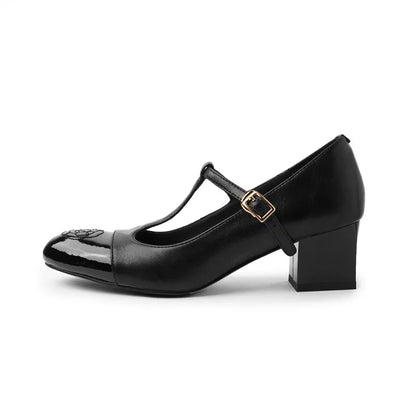 Embroidered leather pumps with high heel and T-buckle