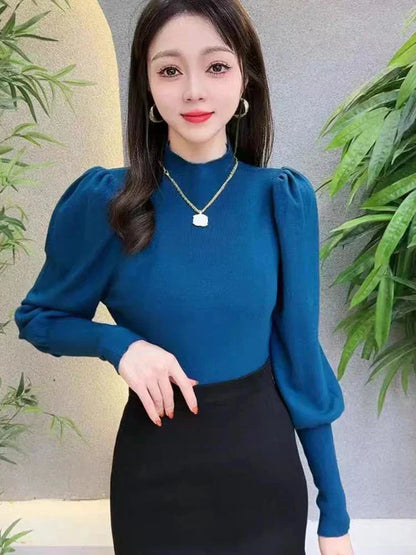 Round neck puff long sleeve blouse for women