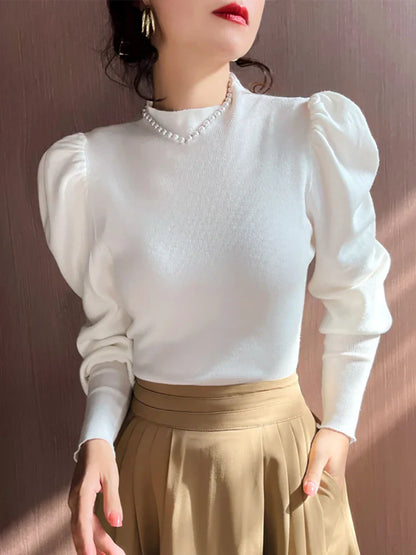 Round neck puff long sleeve blouse for women