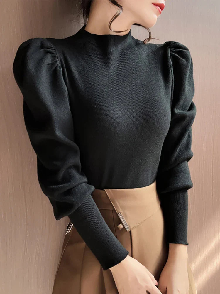 Round neck puff long sleeve blouse for women