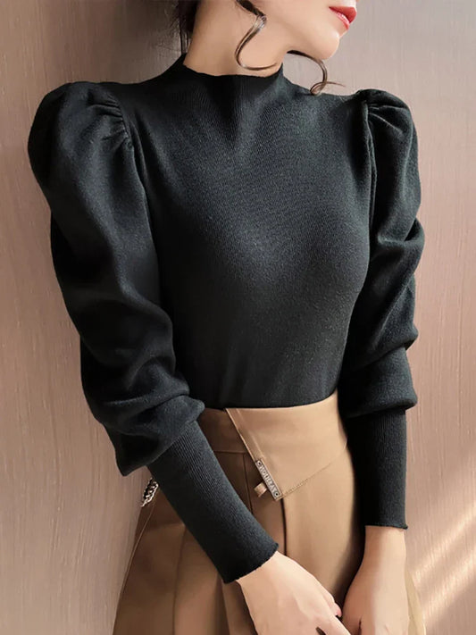 Round neck puff long sleeve blouse for women