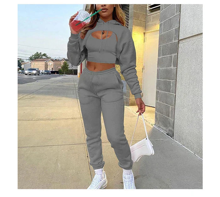 3-piece set jogging pants and sweatshirt short top fleece pants