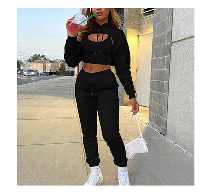 3-piece set jogging pants and sweatshirt short top fleece pants