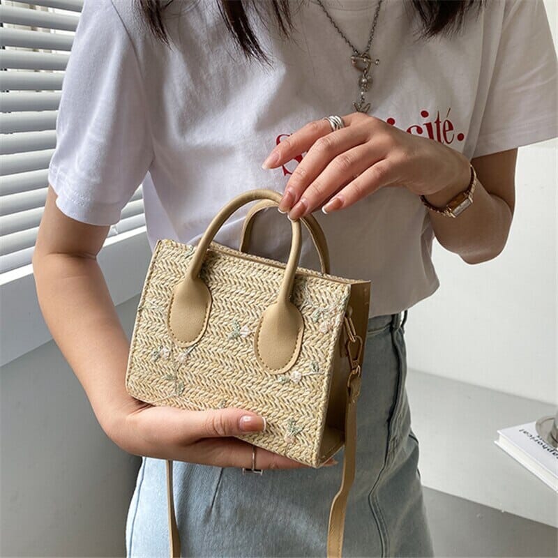 Woven handbag with floral accents - Serena-Elly Rose