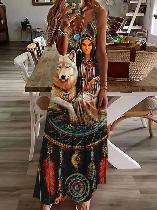 | 2024 New 3D Owl Print Vintage Gilet Sleeveless Long Women's Pattern Tribal Spaghetti Strap Dress Summer Long Loose Dresses