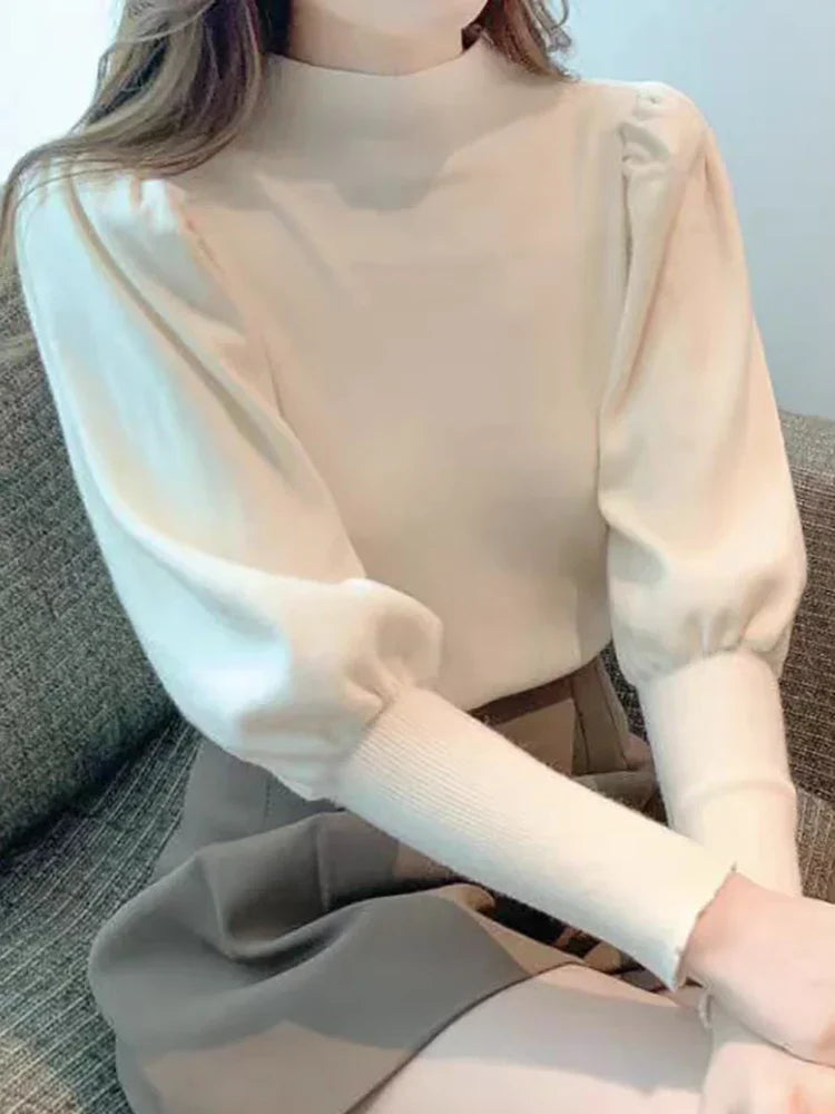 Round neck puff long sleeve blouse for women