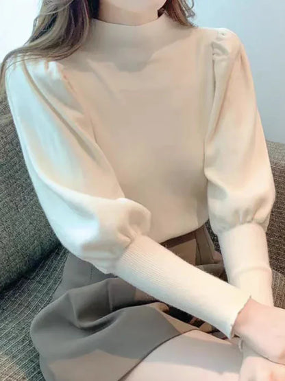 Round neck puff long sleeve blouse for women