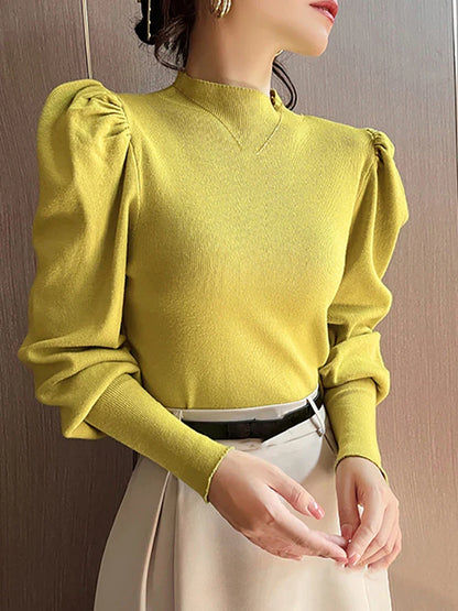 Round neck puff long sleeve blouse for women
