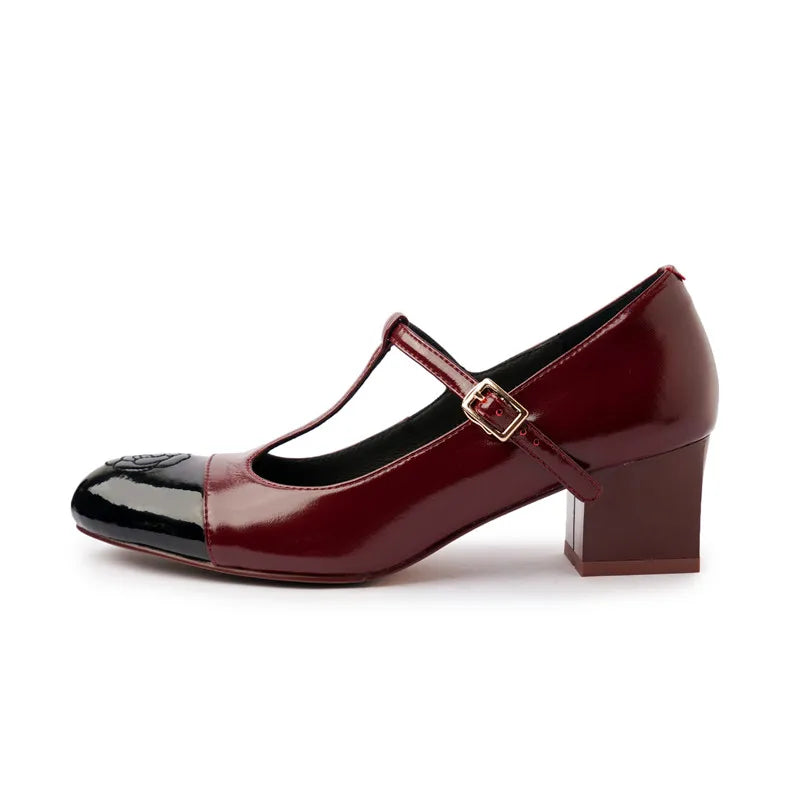 Embroidered leather pumps with high heel and T-buckle