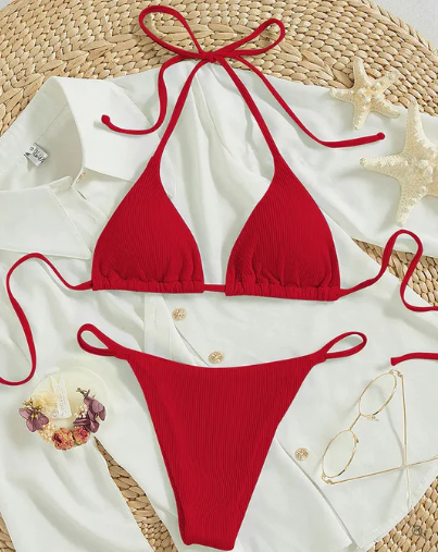 Antonella® | Blue bikini with high band and V-neckline