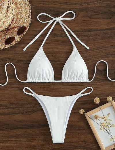 Antonella® | Blue bikini with high band and V-neckline