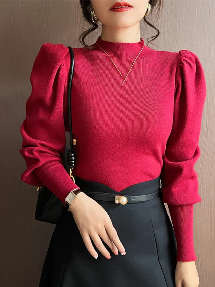 Round neck puff long sleeve blouse for women