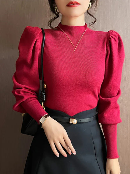 Round neck puff long sleeve blouse for women