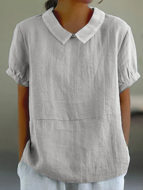 Airy women's linen blouse short sleeve with puff collar
