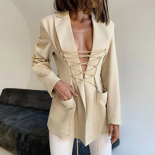 Tati - lace-up blazer sleeve pockets thin coat