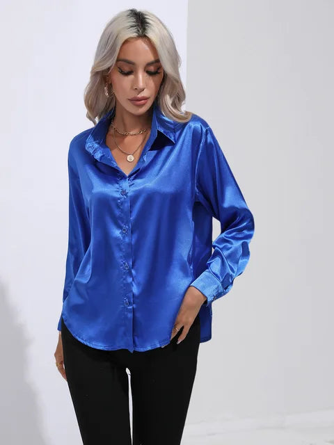 Elegant satin ladies blouse long sleeve business with button placket
