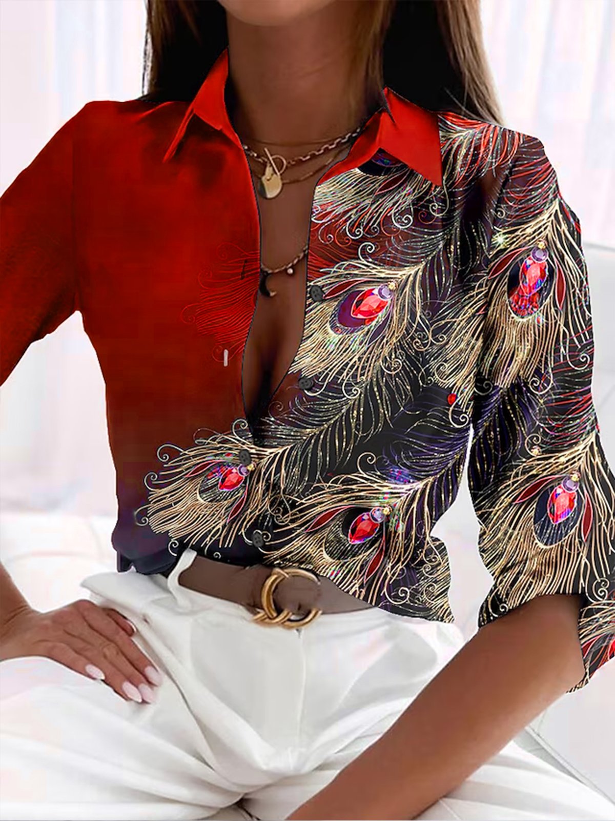 Blouse with feather pattern for women
