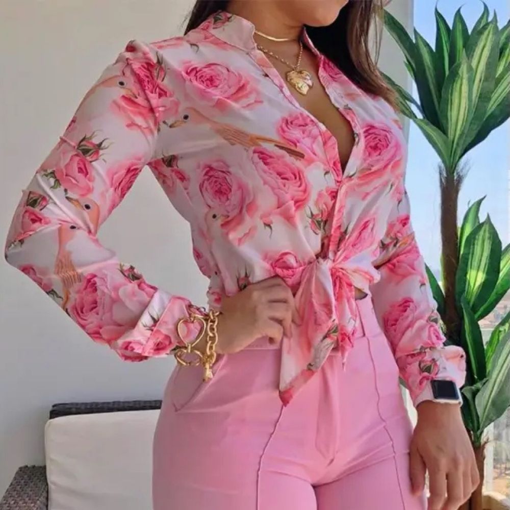 Fiona | Stylish Rose Stand Collar Long-Sleeve Blouse