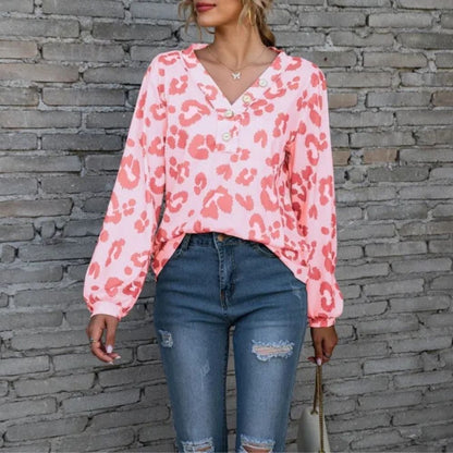 Juliet | Chic Leopard Print V-Neck Long-Sleeve Blouse